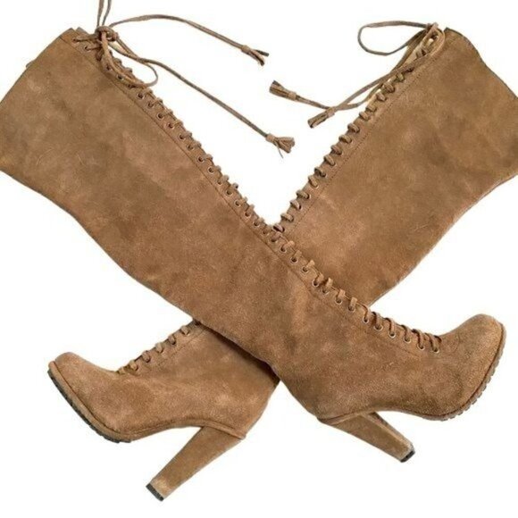 Allsaints Stepney Tan Suede Over the Knee Lace Up Tassel Boots EU 36 US 6 - Picture 2 of 16
